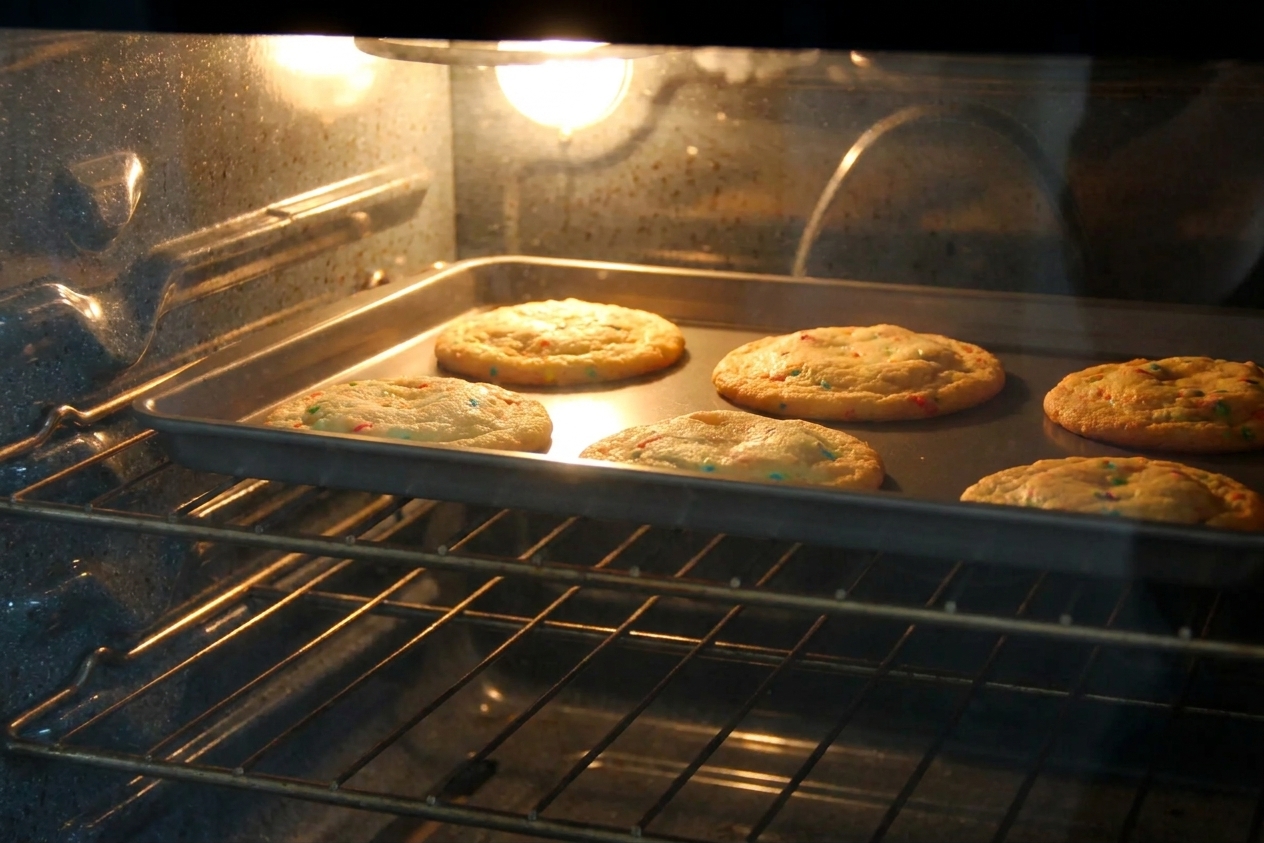 A baking sheet of cake mix cookies baking on the middle rack of a home oven with the oven light on