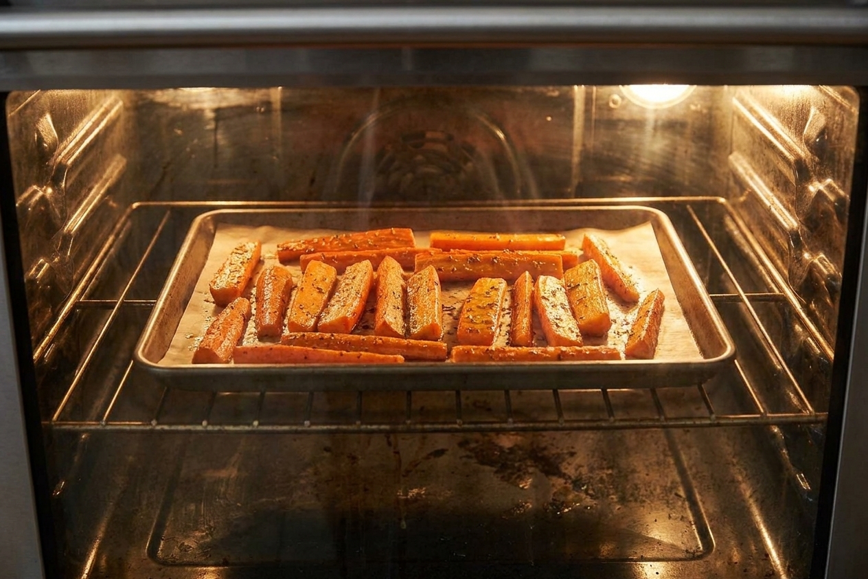 A baking sheet of carrots roasting on the middle rack of a home oven with warm light