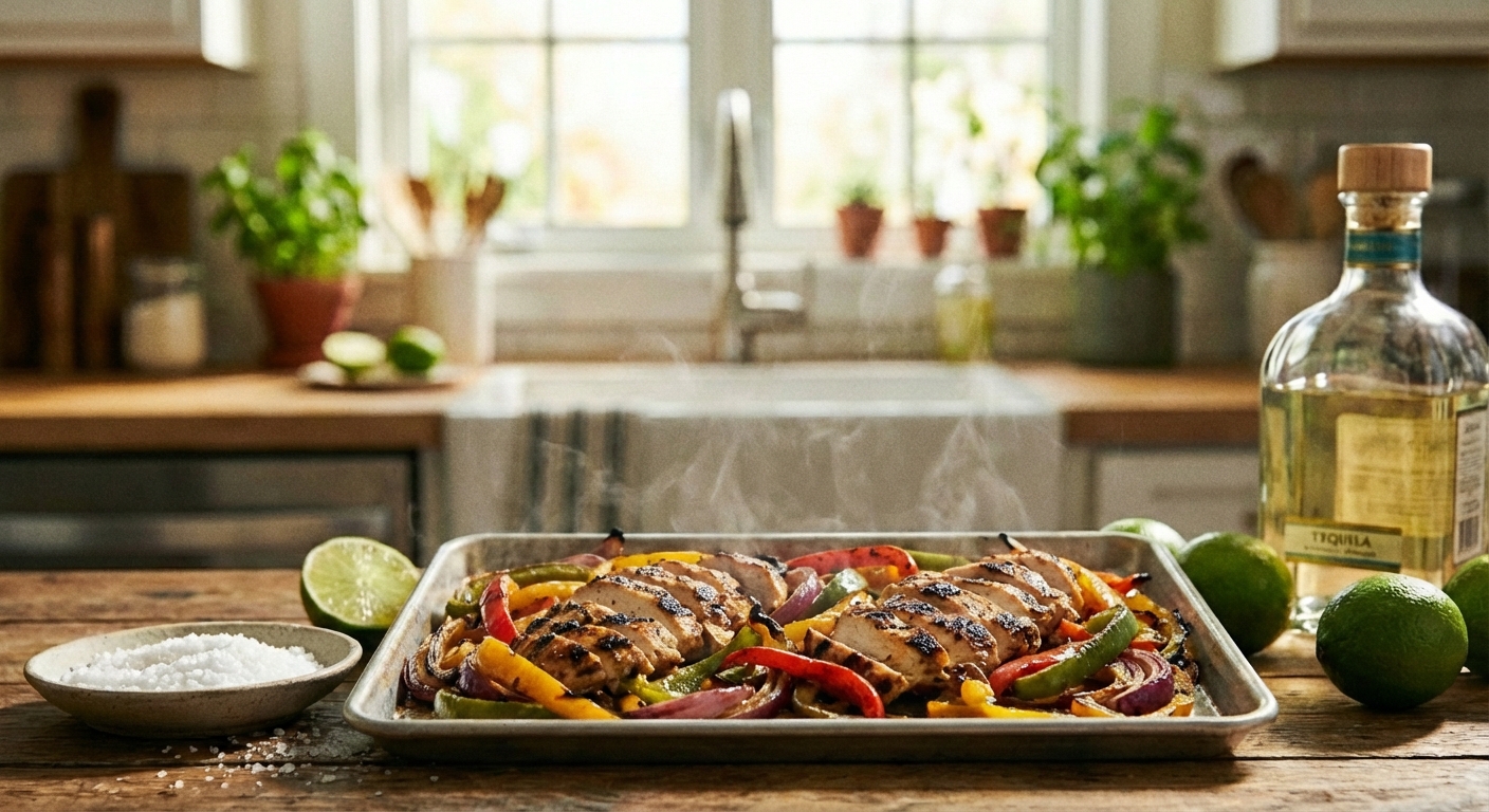 A baking sheet of chicken fajitas with peppers and onions roasted until charred