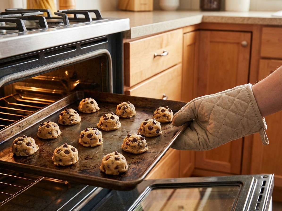 A baking sheet of chocolate chip cookie dough balls going into a home oven with warm kitchen lighting