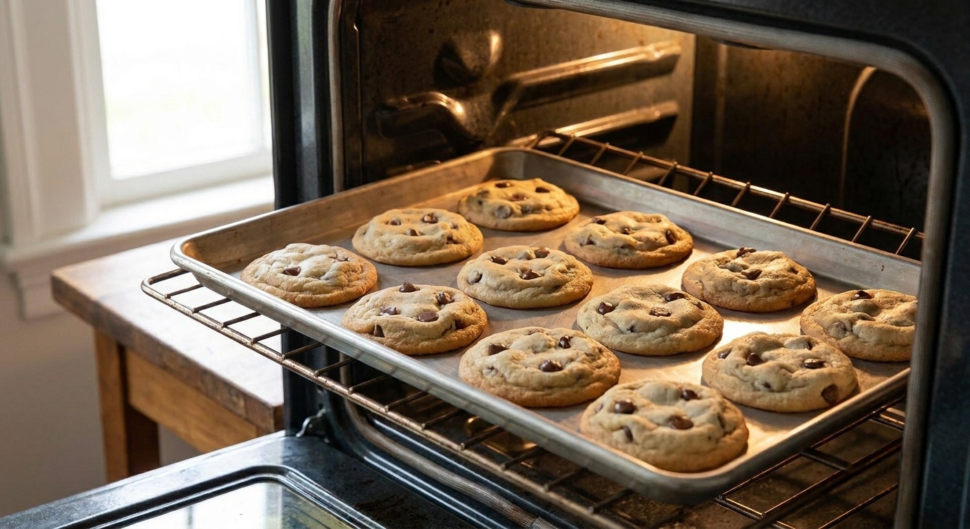 A baking sheet of chocolate chip cookies halfway through baking on an oven rack with edges starting to turn golden