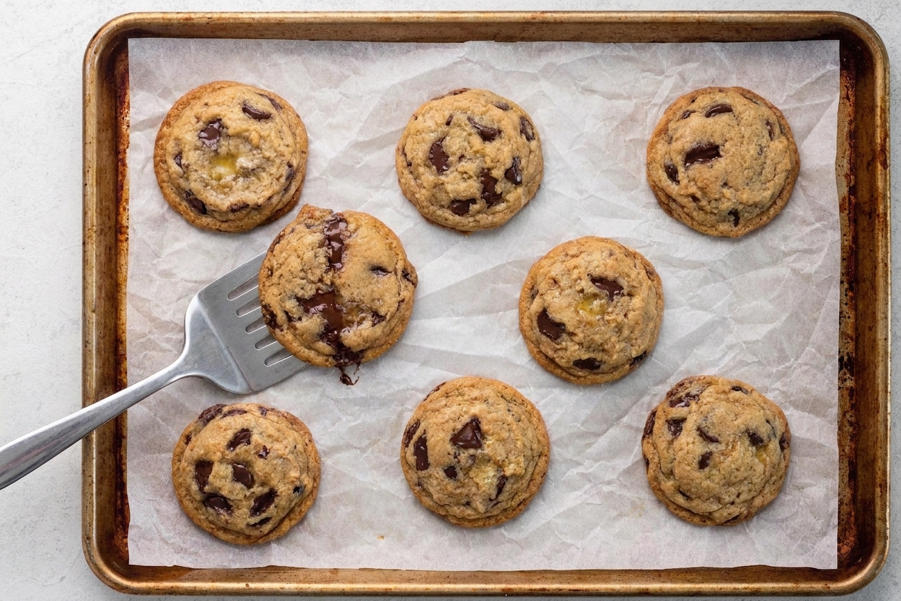 A baking sheet of chocolate chip cookies just out of the oven with golden edges and soft centers