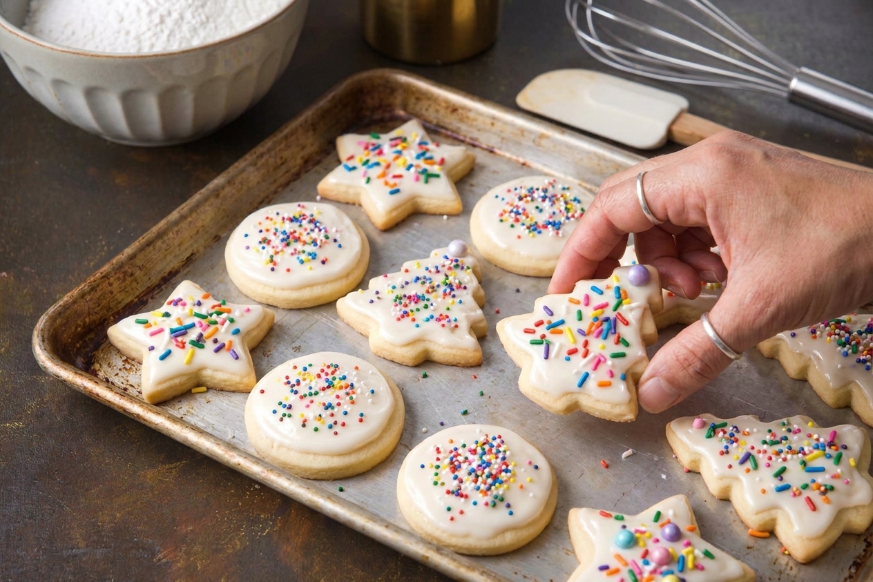 A baking sheet of classic cutout sugar cookies decorated with glossy vanilla frosting and colorful sprinkles on a bright kitchen counter