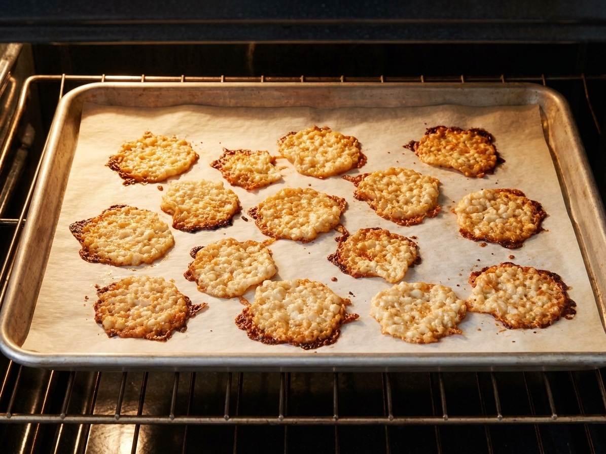A baking sheet of cottage cheese chips mid-bake with edges starting to turn golden brown