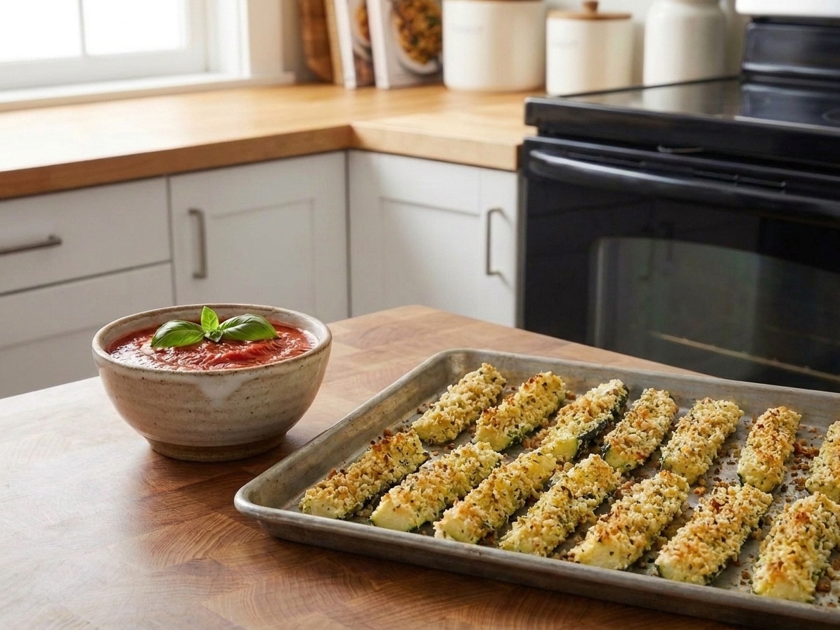 A baking sheet of crispy baked zucchini sticks with a golden Parmesan breadcrumb crust, served with a small bowl of marinara on a warm kitchen table