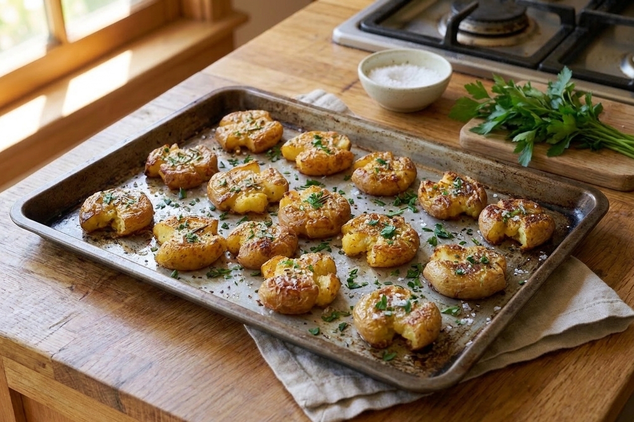 A baking sheet of crispy smashed Yukon Gold potatoes with browned edges, sprinkled with parsley and flaky salt on a warm kitchen counter