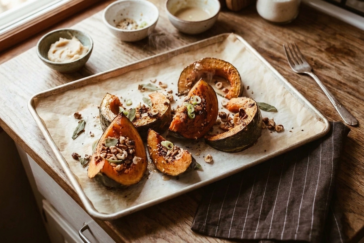 A baking sheet of deeply caramelized roasted kabocha squash wedges brushed with glossy miso maple butter, sprinkled with sesame seeds and sliced scallions, warm kitchen lighting