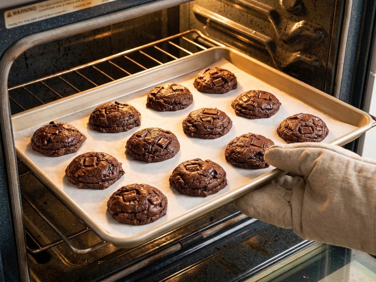 A baking sheet of double chocolate cookies in the oven with puffed centers and set edges
