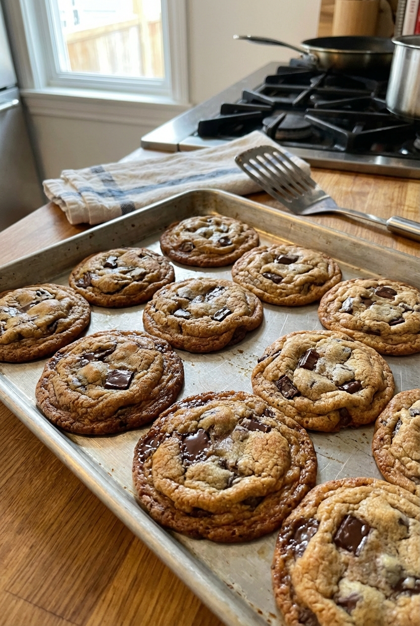 A baking sheet of freshly baked chocolate chip cookies with golden edges just out of the oven
