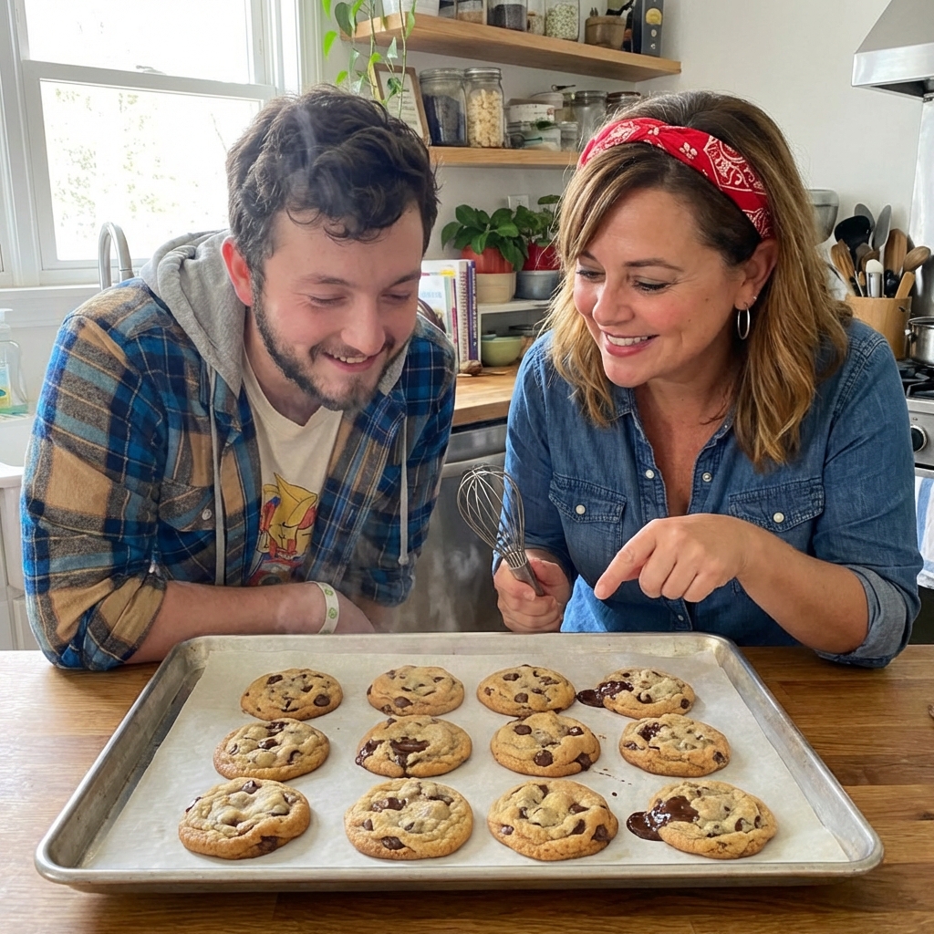 A baking sheet of freshly baked chocolate chip cookies with golden edges cooling on parchment paper