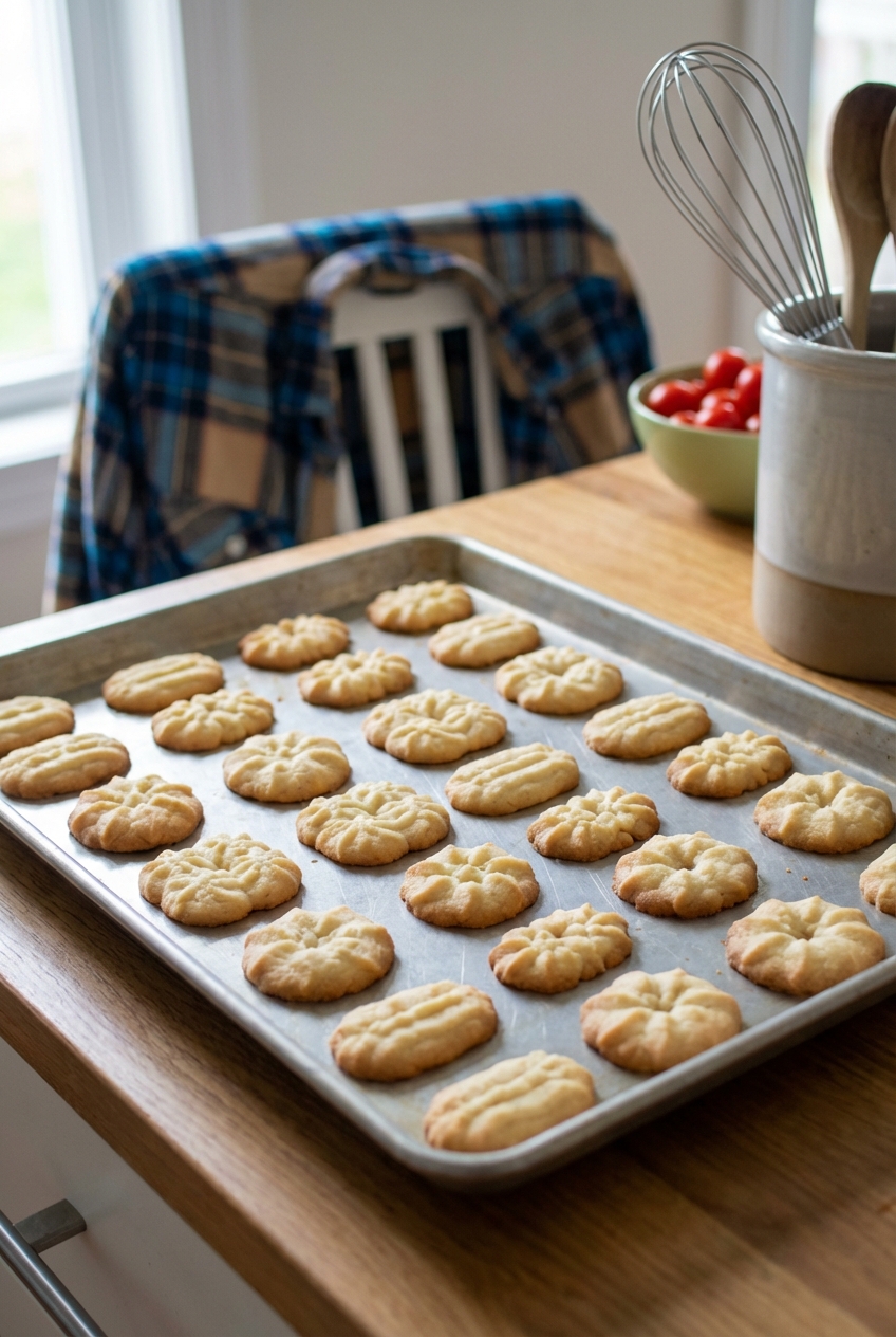 A baking sheet of freshly baked spritz cookies cooling with lightly golden edges