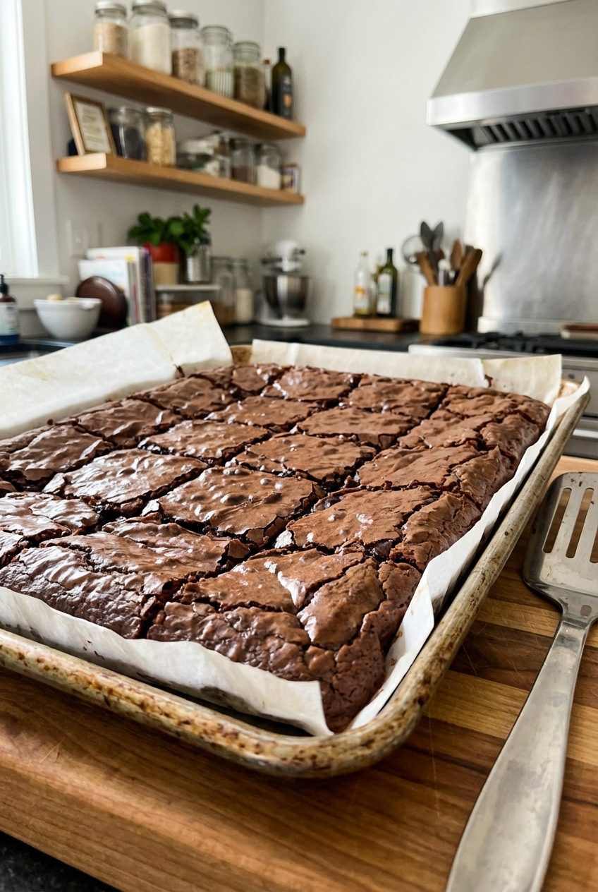 A baking sheet of fudgy brownies cut into squares