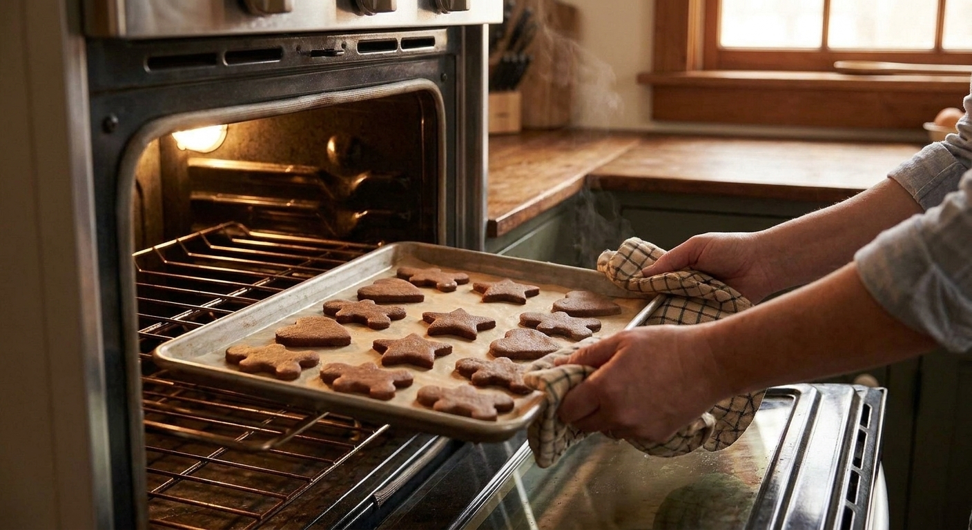 A baking sheet of gingerbread cookies being slid into a home oven with warm kitchen lighting