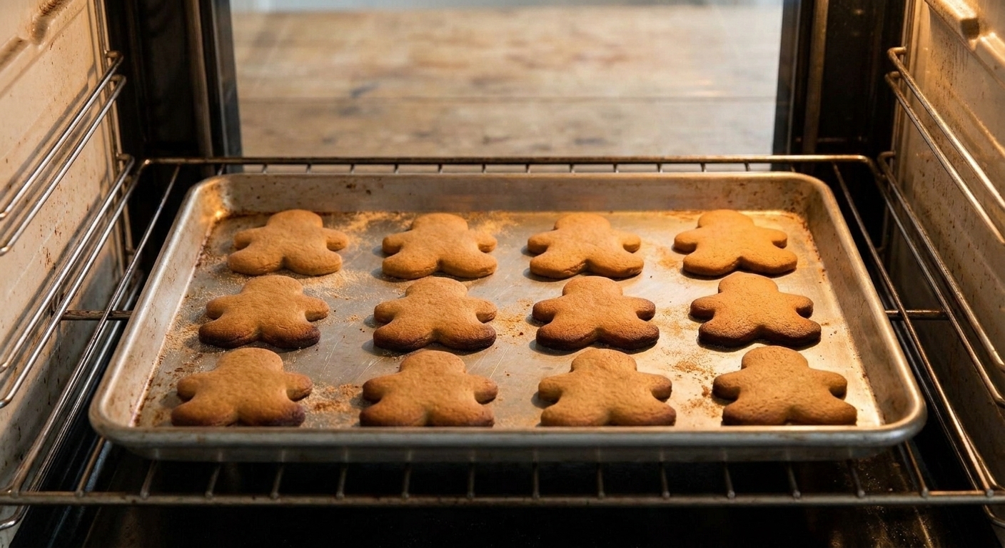 A baking sheet of gingerbread man cookies halfway through baking in an oven, edges beginning to darken