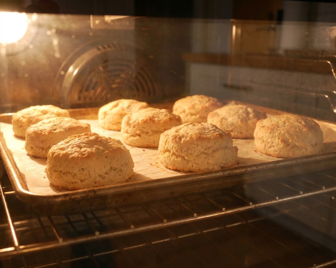 A baking sheet of gluten free biscuits rising in a hot oven with golden tops starting to form