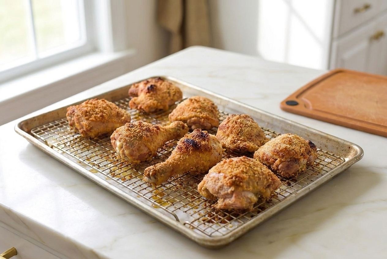 A baking sheet of golden, crispy oven baked fried chicken pieces resting on a wire rack with flaky crust and browned edges in a warm home kitchen