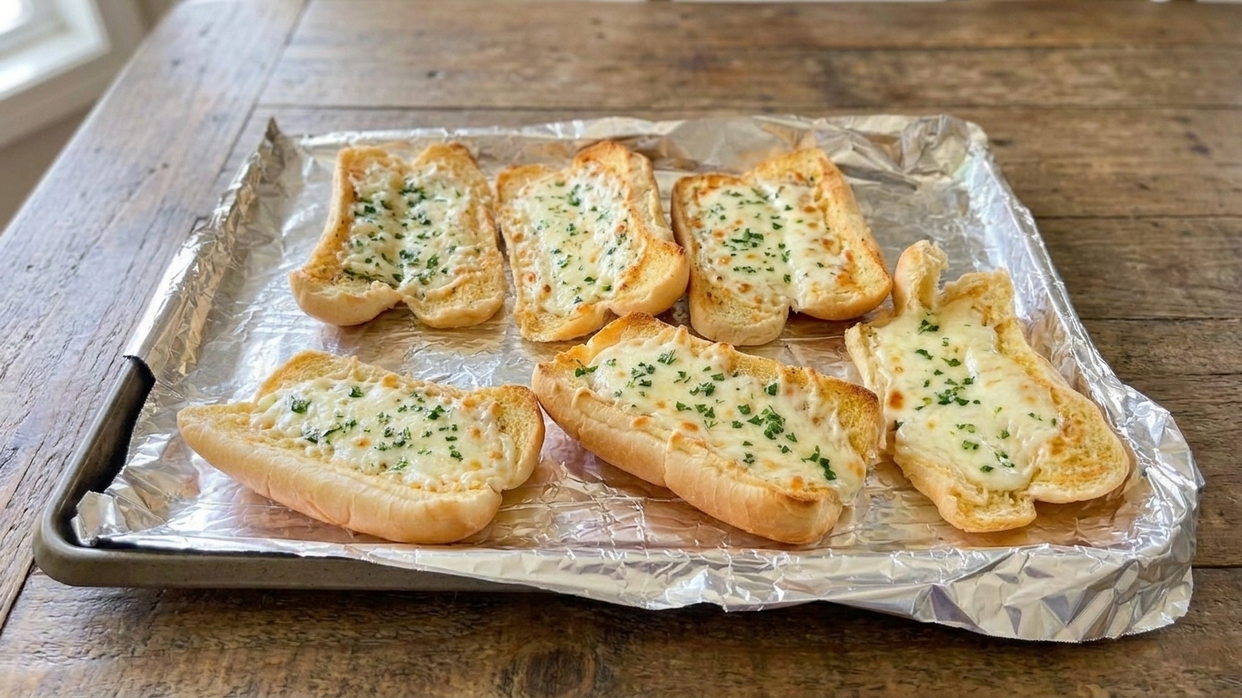 A baking sheet of hot dog buns sliced open and toasted with garlic butter and melted mozzarella, sprinkled with parsley on a wooden table