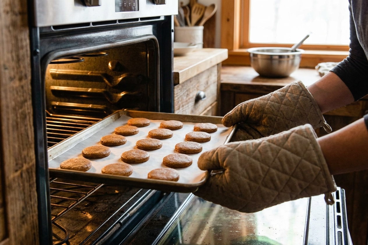 A baking sheet of lebkuchen cookie rounds going into a home oven, parchment-lined pan held by oven-mitted hands