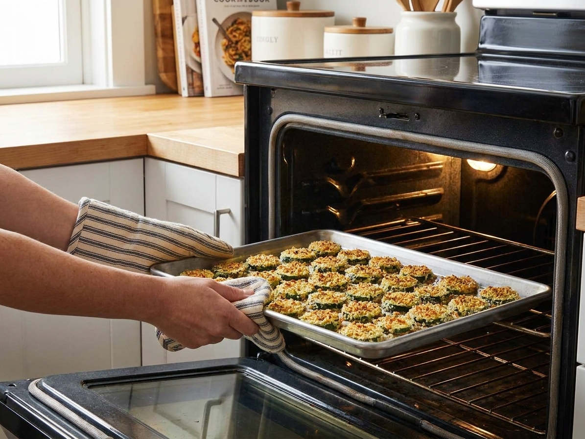 A baking sheet of leftover breaded zucchini going into the oven to reheat until crisp