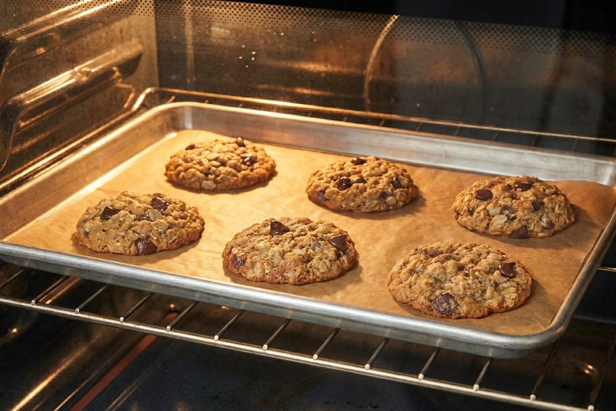 A baking sheet of oatmeal chocolate chip cookies baking in an oven with edges turning golden