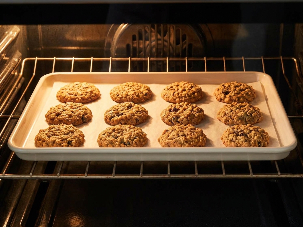 A baking sheet of oatmeal cookies baking on an oven rack with the oven light on