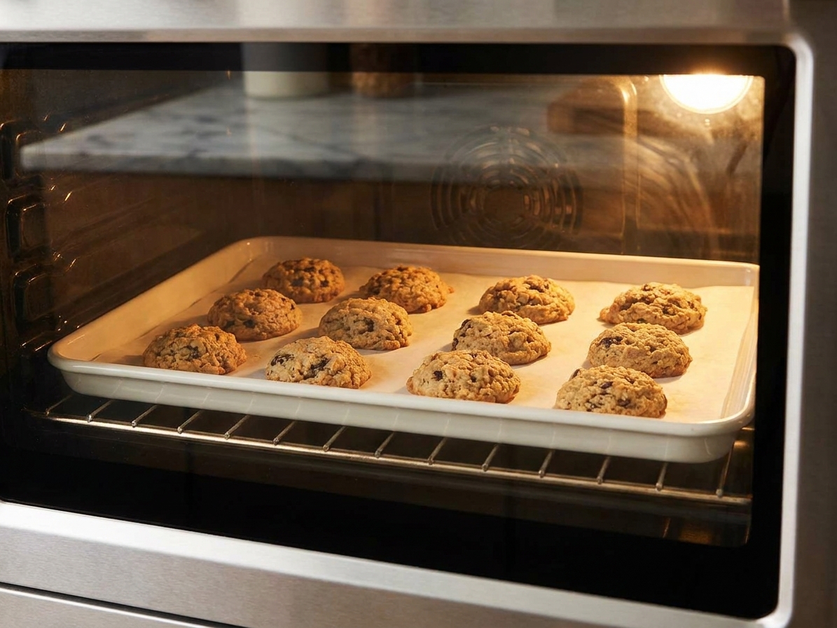 A baking sheet of oatmeal cookies in the oven with the cookies puffed and turning golden around the edges
