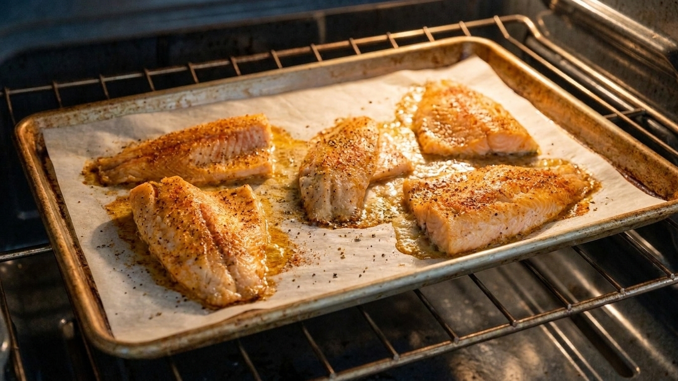 A baking sheet of orange roughy fillets on an oven rack as they bake
