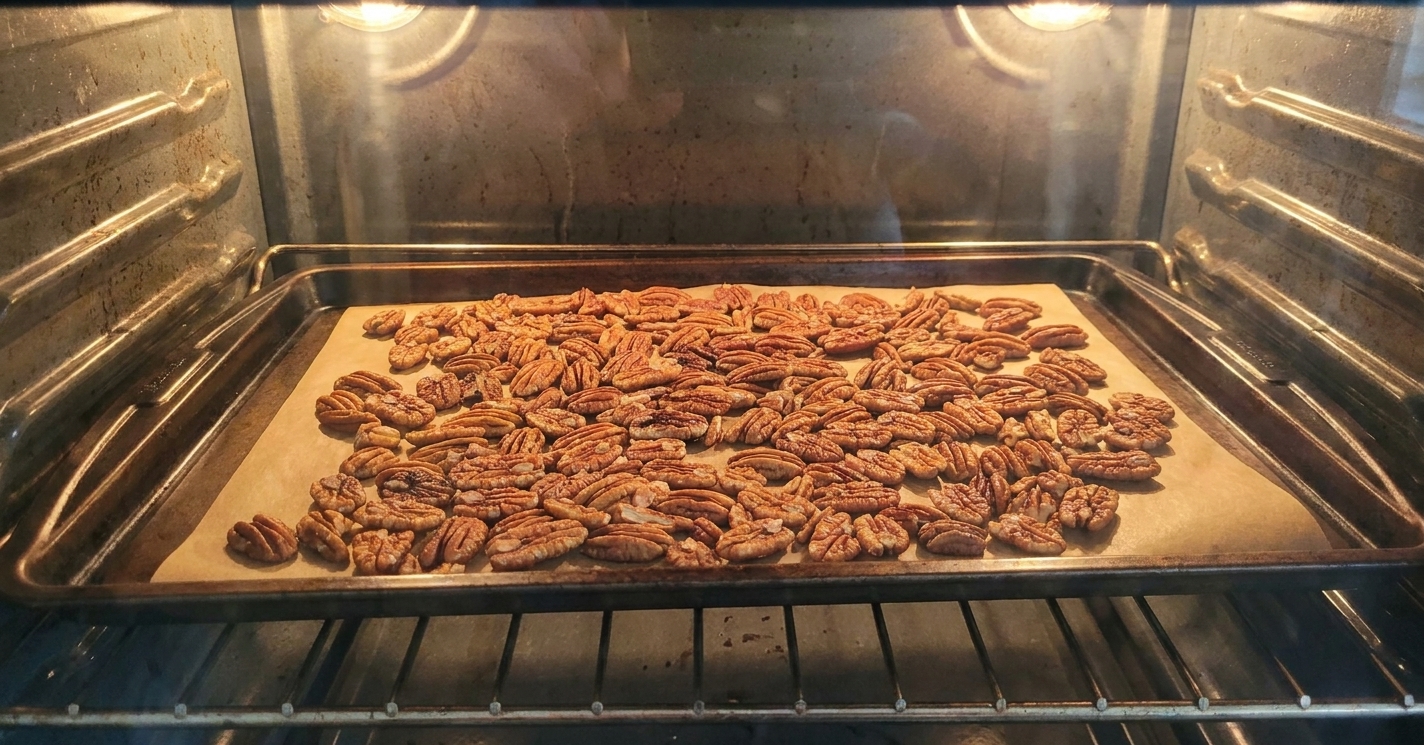A baking sheet of pecans toasting on an oven rack with the oven light on