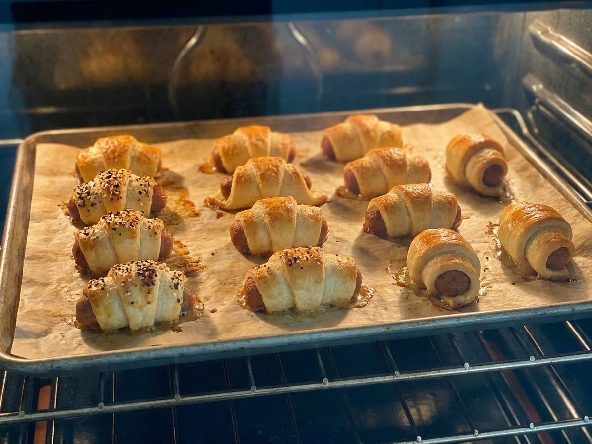 A baking sheet of pigs in a blanket baking in an oven as the crescent dough puffs and turns golden