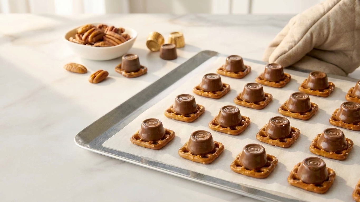 A baking sheet of pretzels topped with Rolos after a short bake, the chocolates looking shiny and slightly softened
