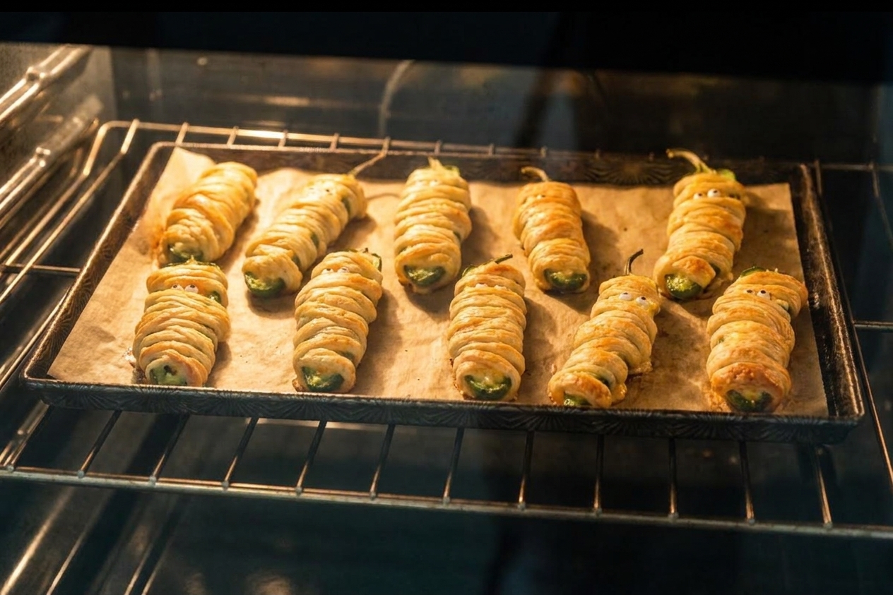 A baking sheet of puff pastry wrapped jalapeño poppers on an oven rack, pastry turning golden and puffed during baking