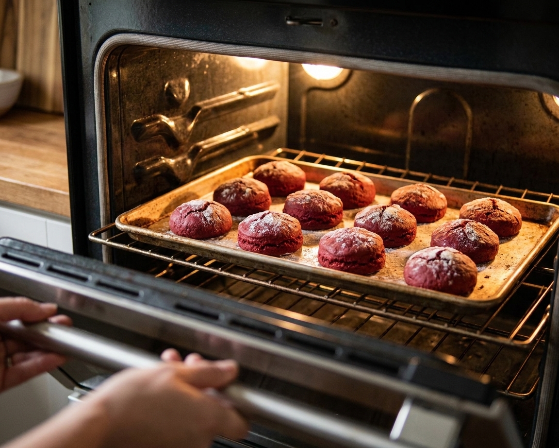 A baking sheet of red velvet biscuits rising in an oven with warm light