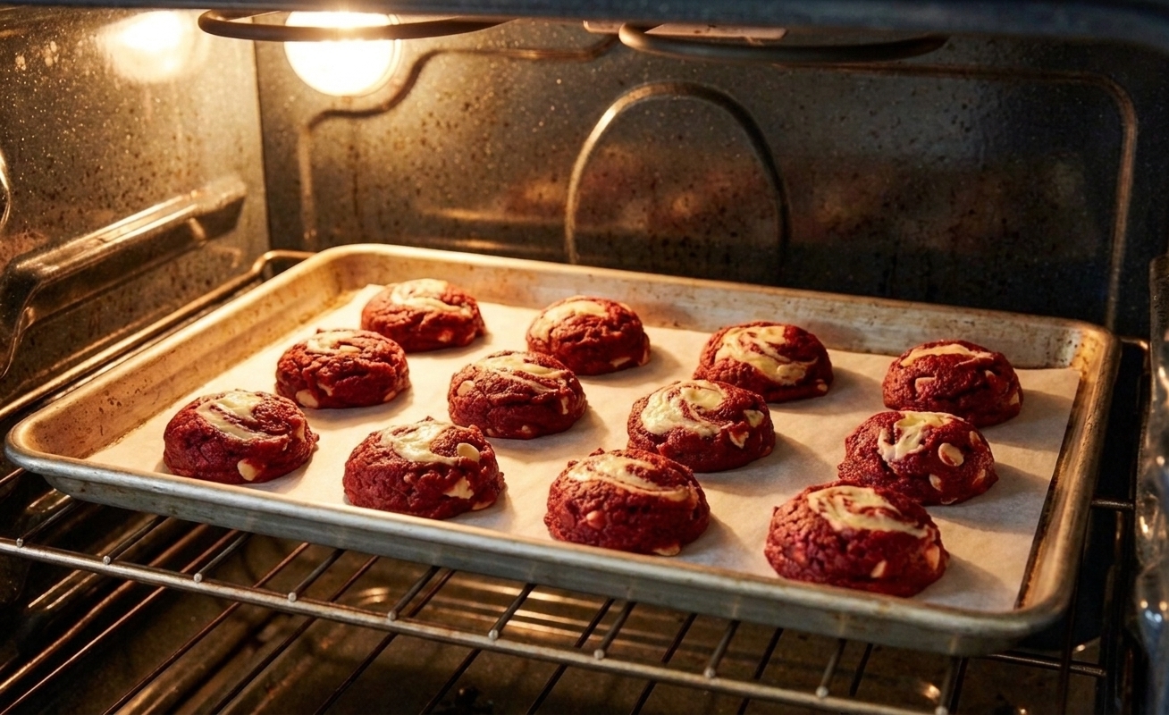 A baking sheet of red velvet cookies baking on an oven rack with the oven light on