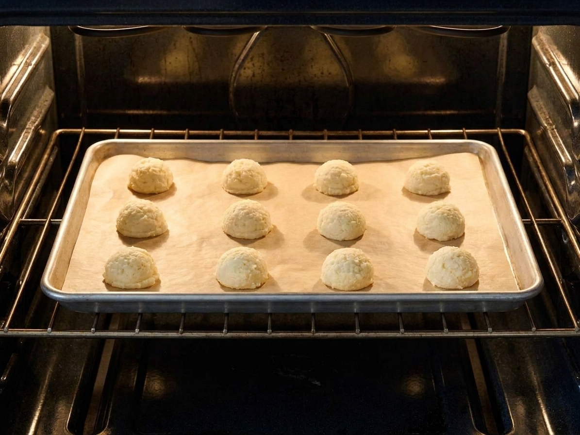 A baking sheet of ricotta cookies on an oven rack as they bake, tops still pale and just set