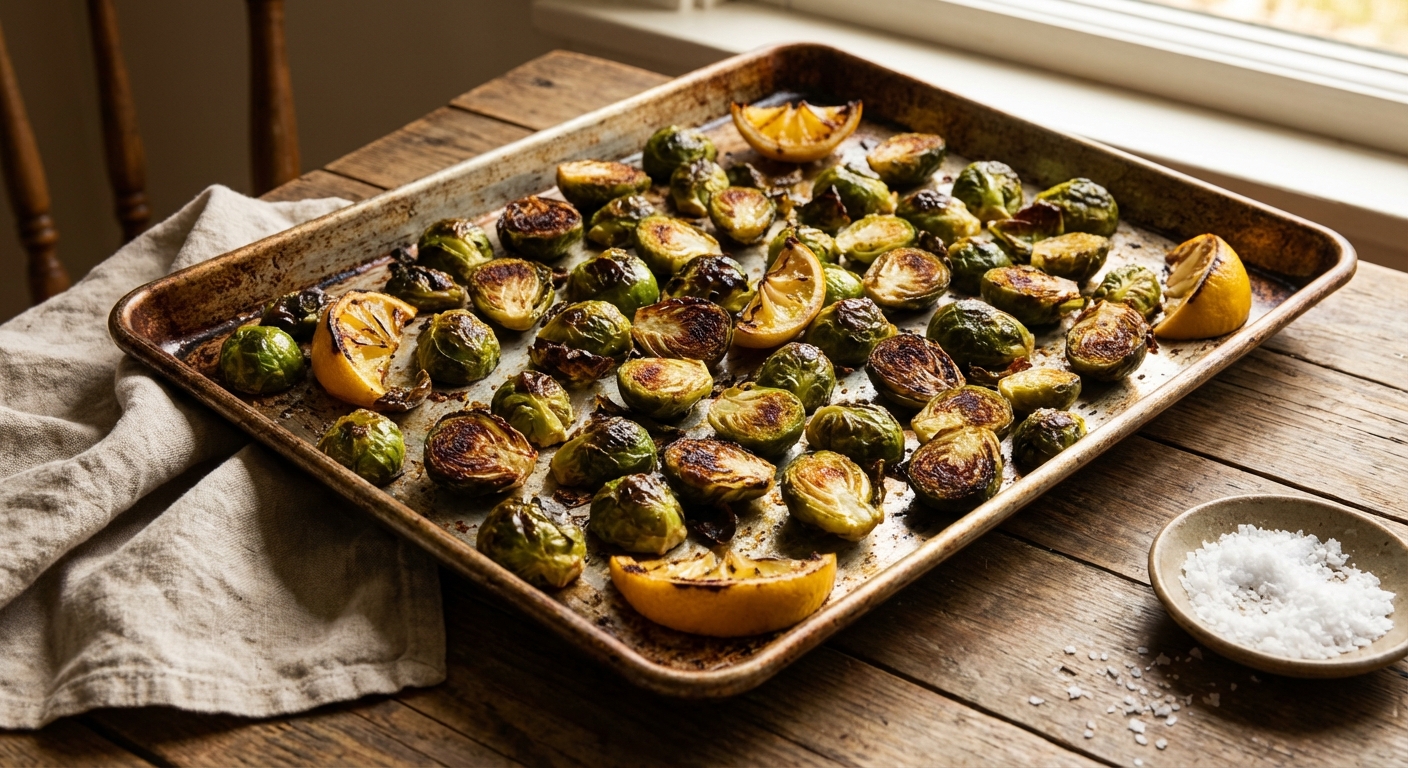 A baking sheet of roasted Brussels sprouts with browned edges and lemon wedges
