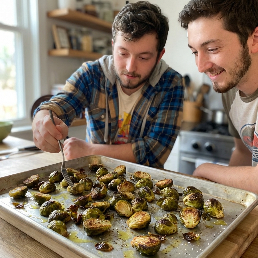 A baking sheet of roasted Brussels sprouts with browned edges