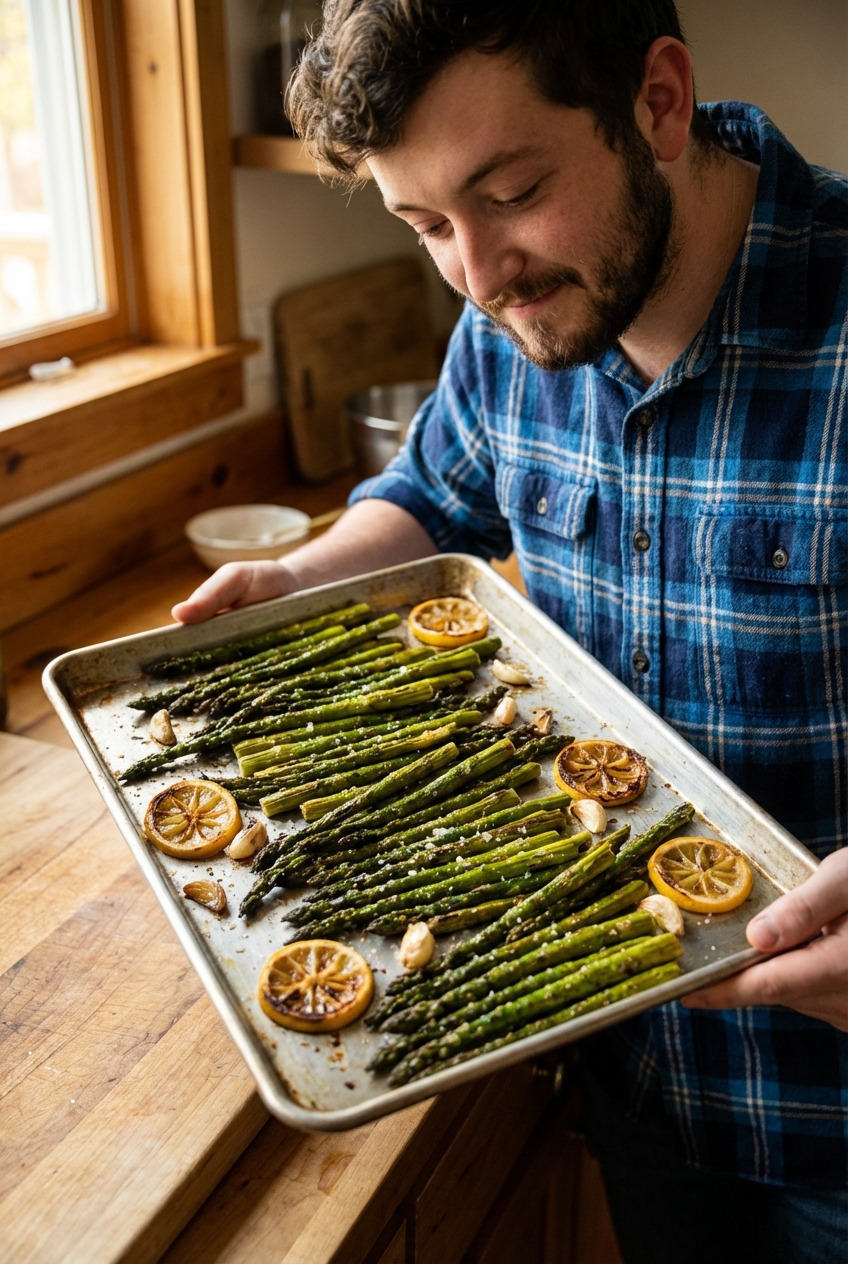 A baking sheet of roasted asparagus with charred tips and lemon slices