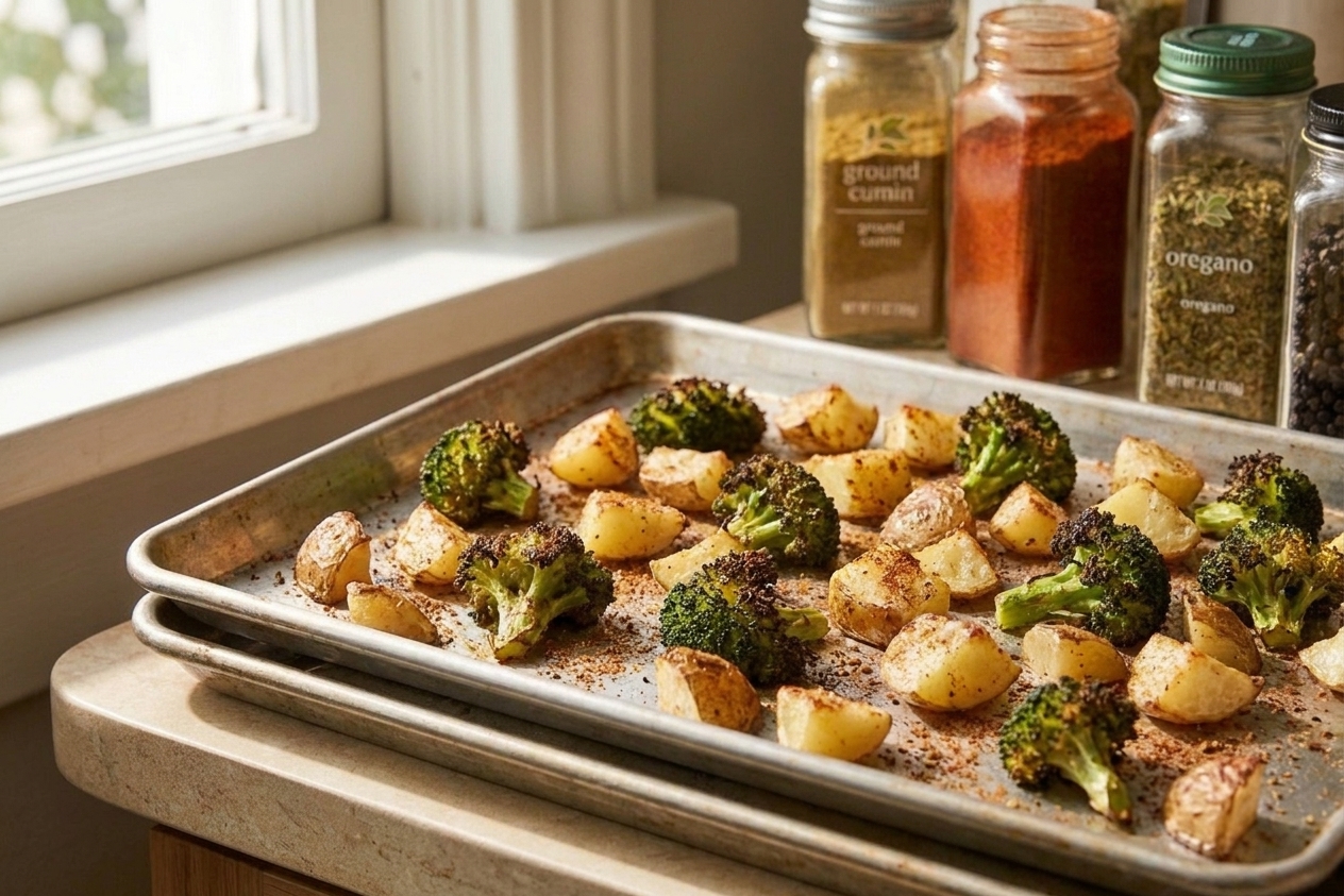 A baking sheet of roasted broccoli and potatoes with crisp edges, lightly dusted with adobo seasoning