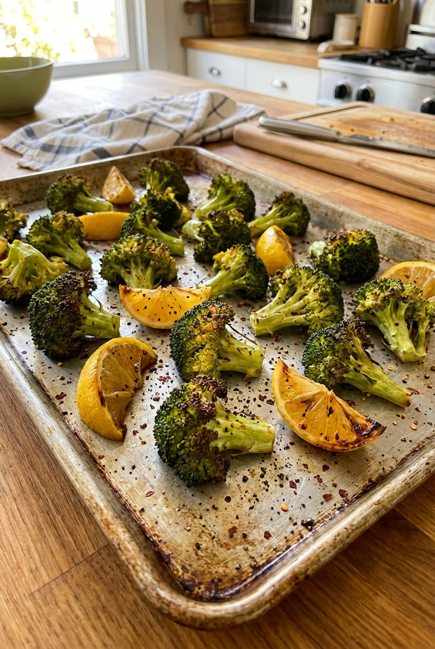 A baking sheet of roasted broccoli with browned edges and lemon wedges