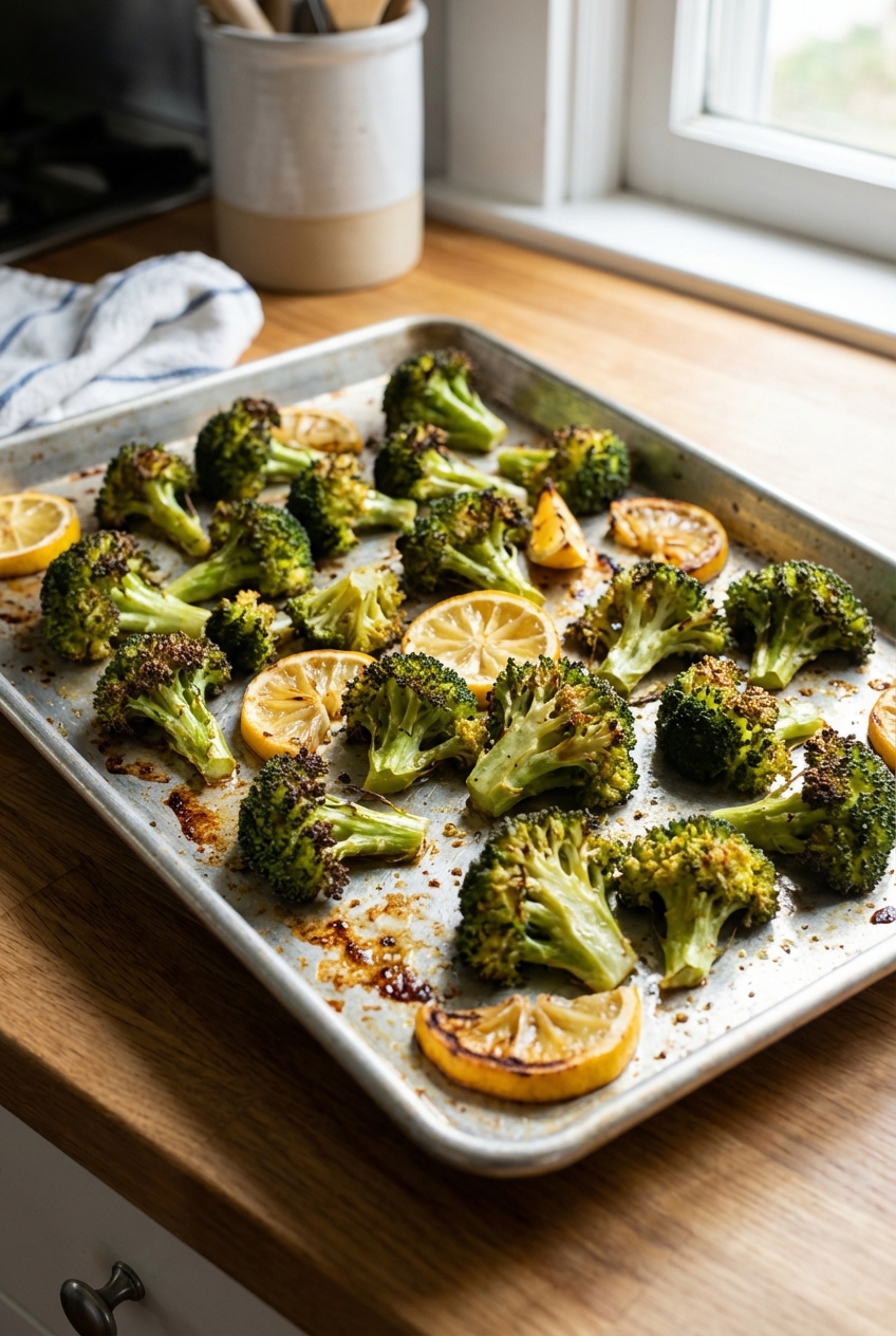 A baking sheet of roasted broccoli with crisp tips and lemon