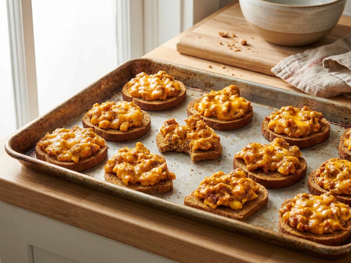 A baking sheet of rye bread rounds topped with melted sausage and cheese mixture, golden and bubbly, on a warm kitchen counter with soft natural light