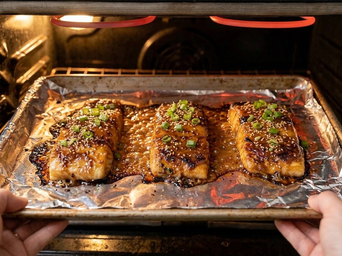 A baking sheet of sablefish under an oven broiler with the miso glaze bubbling and lightly charred at the edges