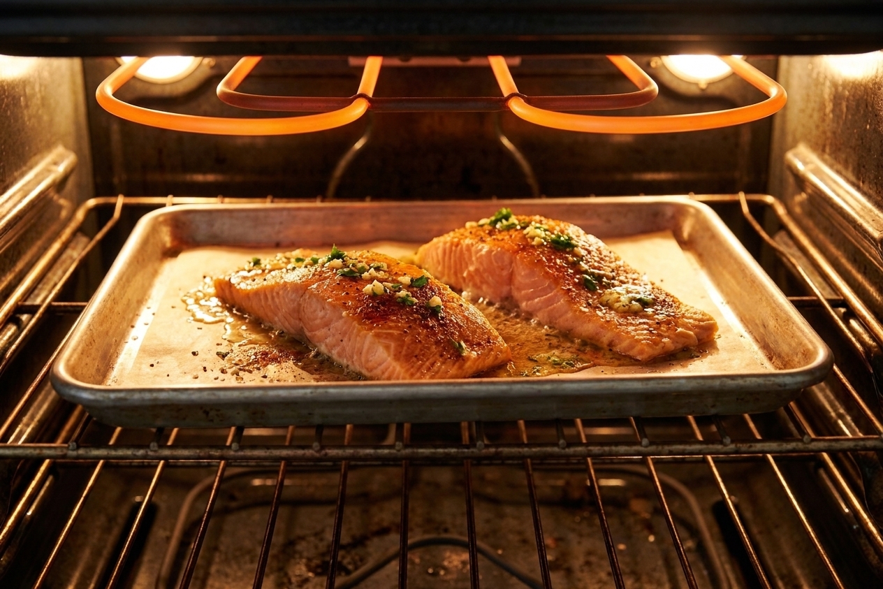 A baking sheet of salmon fillets on an oven rack under the broiler with the surface beginning to brown
