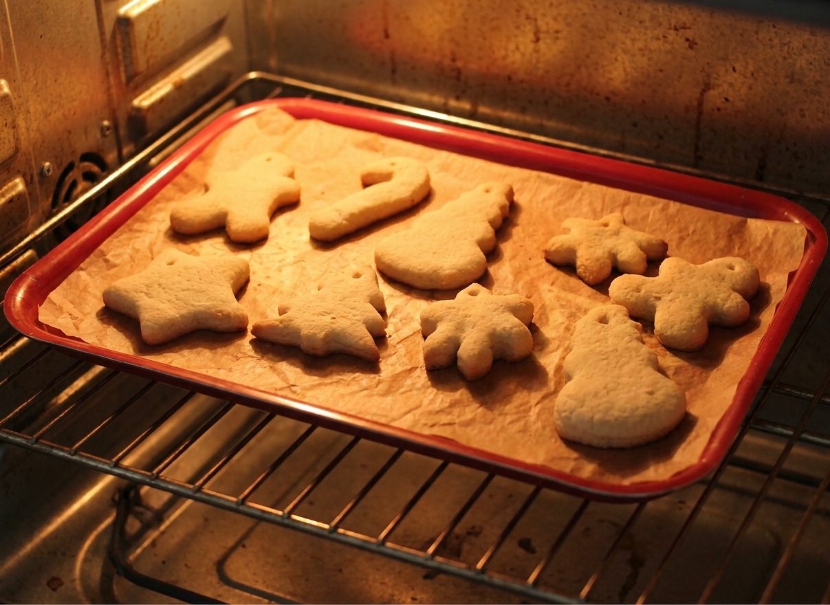 A baking sheet of salt dough ornaments on an oven rack with warm light coming from the oven interior