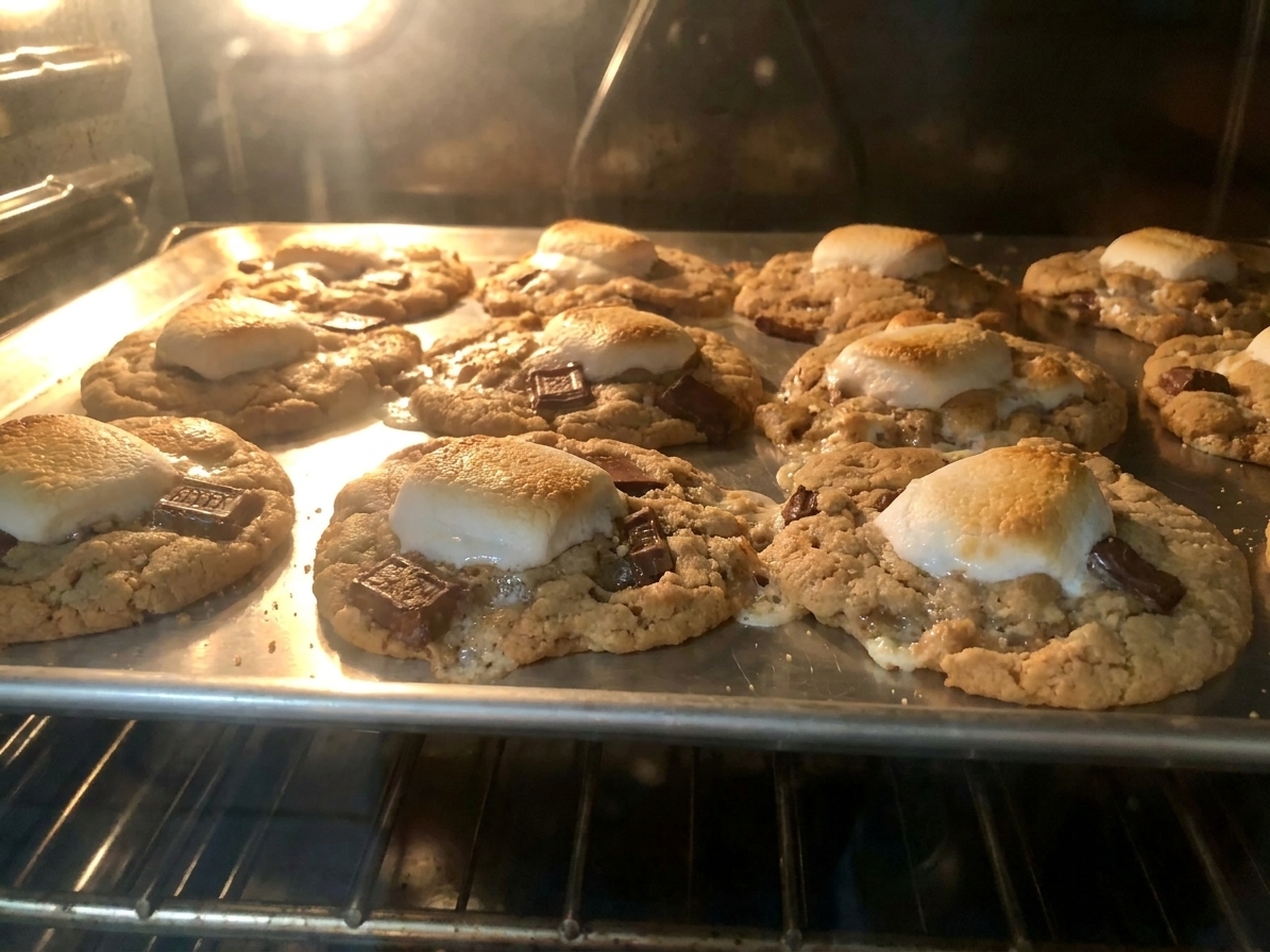 A baking sheet of s'mores cookies in the oven with marshmallow halves on top, beginning to toast and puff