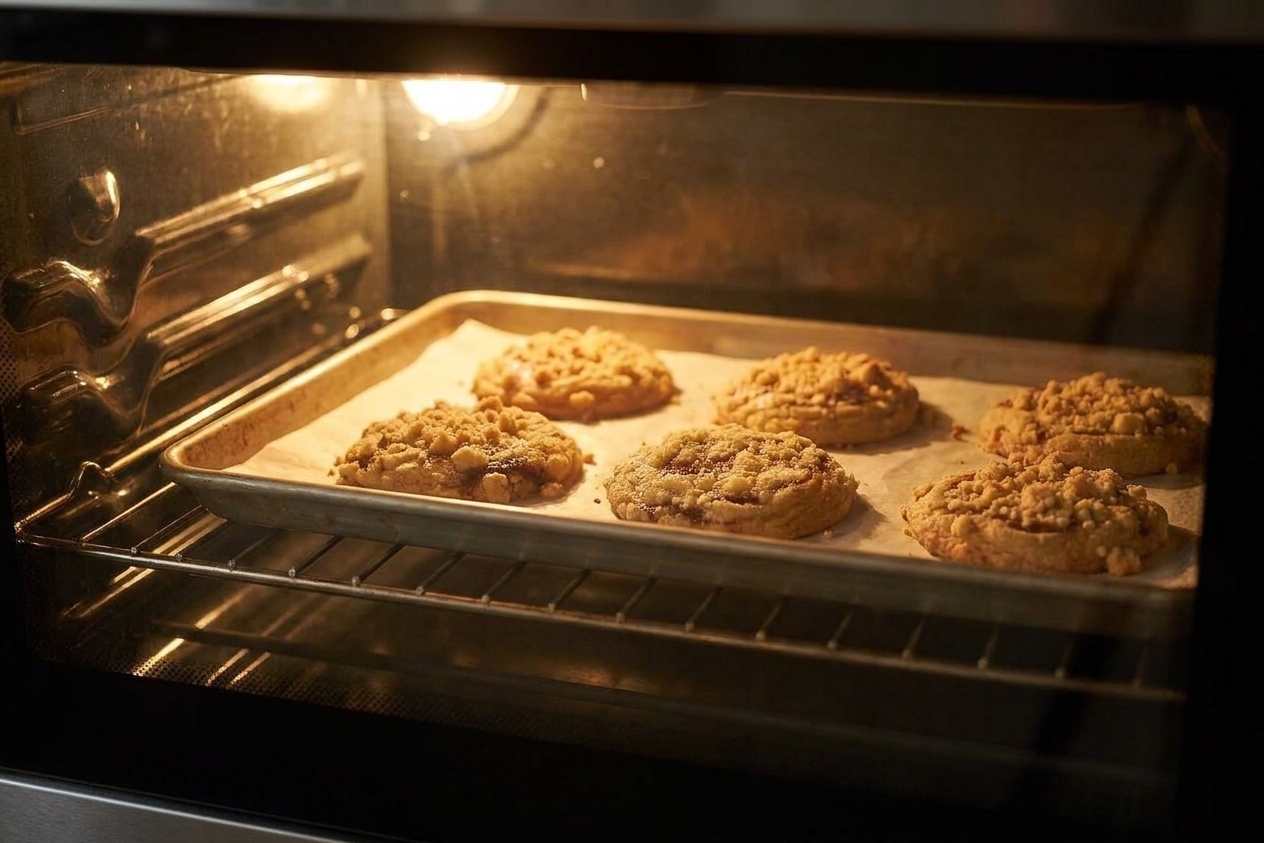 A baking sheet of streusel-topped cookies baking on the middle rack of a home oven with warm light