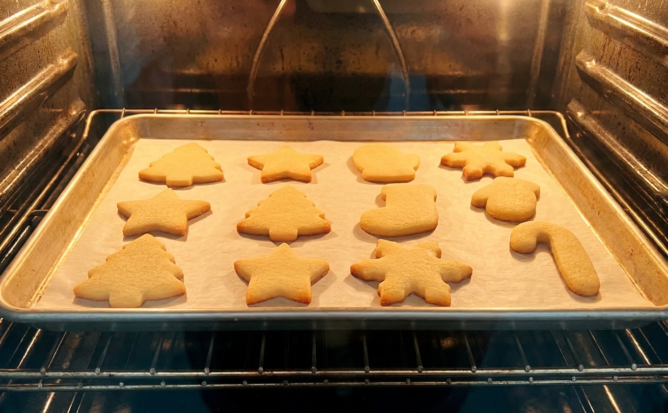 A baking sheet of sugar cookie cutouts baking in a preheated oven with warm kitchen lighting