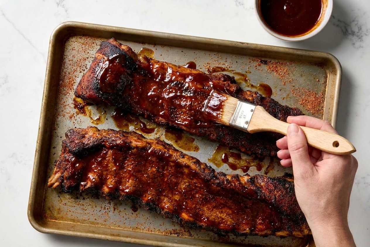 A baking sheet of tender ribs being brushed with barbecue sauce using a pastry brush, glossy sauce pooling slightly on the surface
