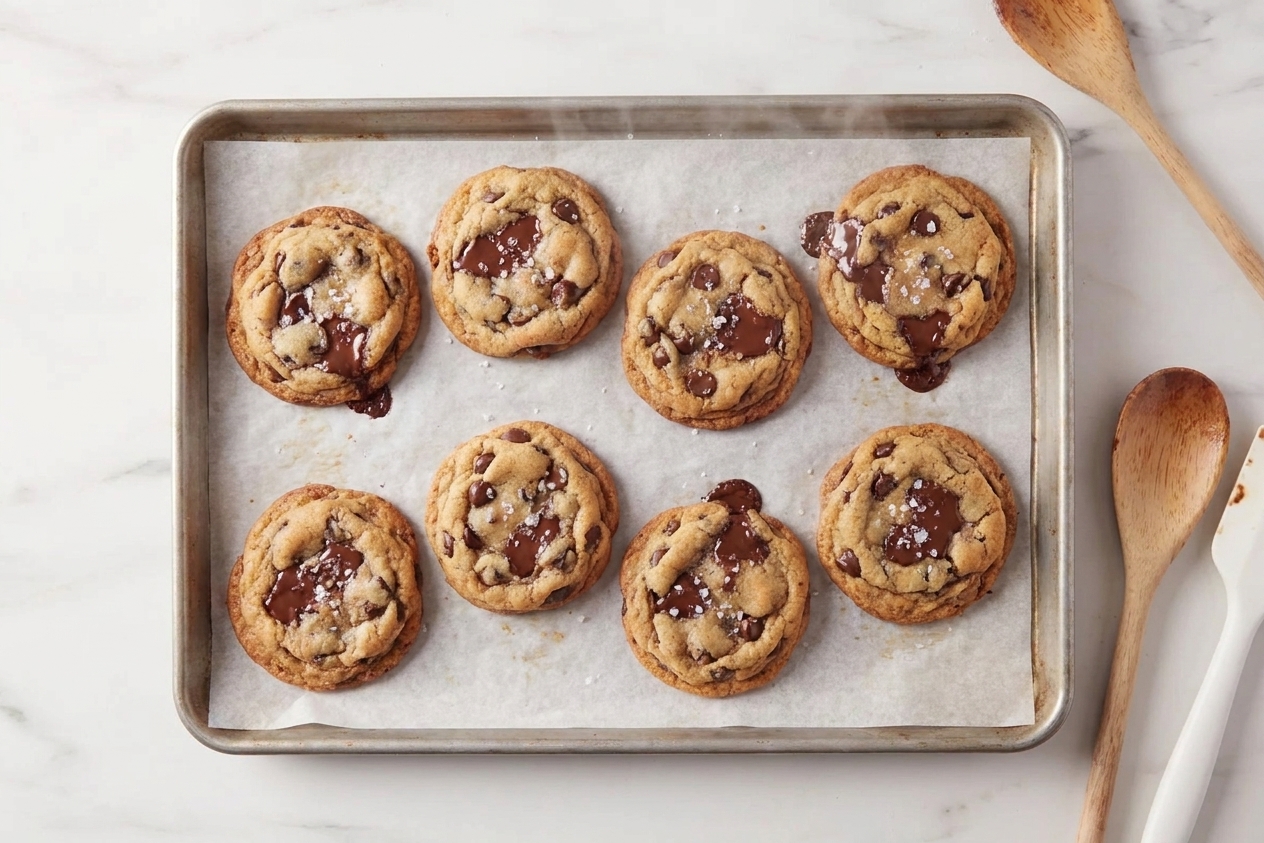A baking sheet of thick chocolate chip cookies just out of the oven with golden edges and soft centers on parchment paper