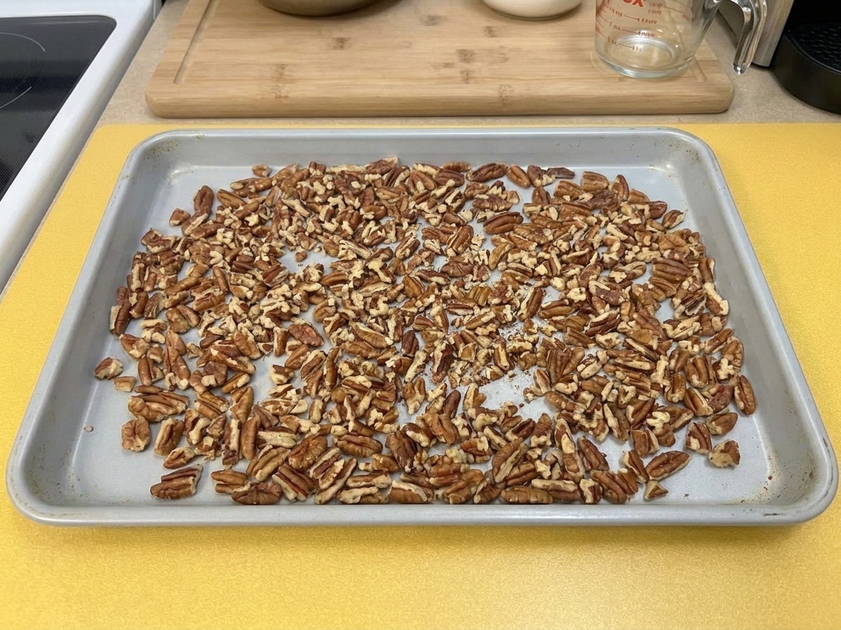 A baking sheet of toasted chopped pecans cooling on a kitchen counter
